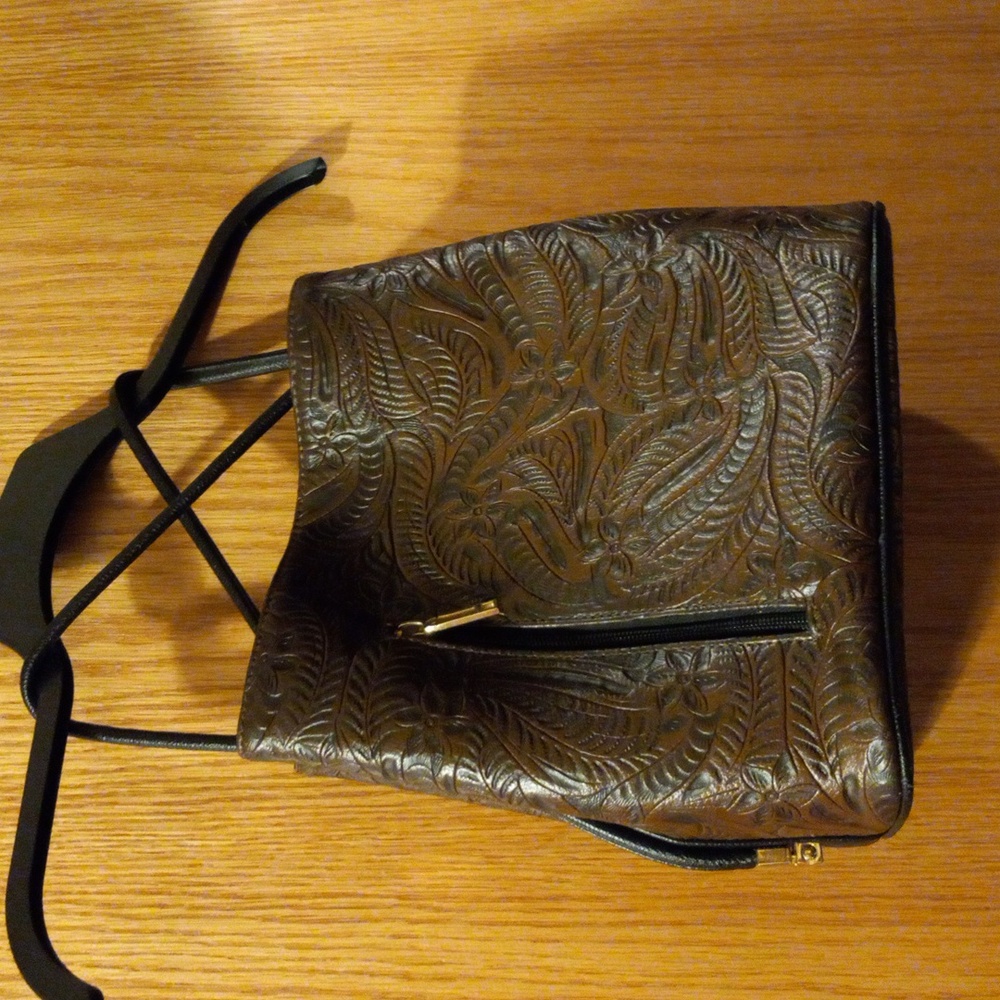 Womens samoe handbag with handles brown with floral  engraved design